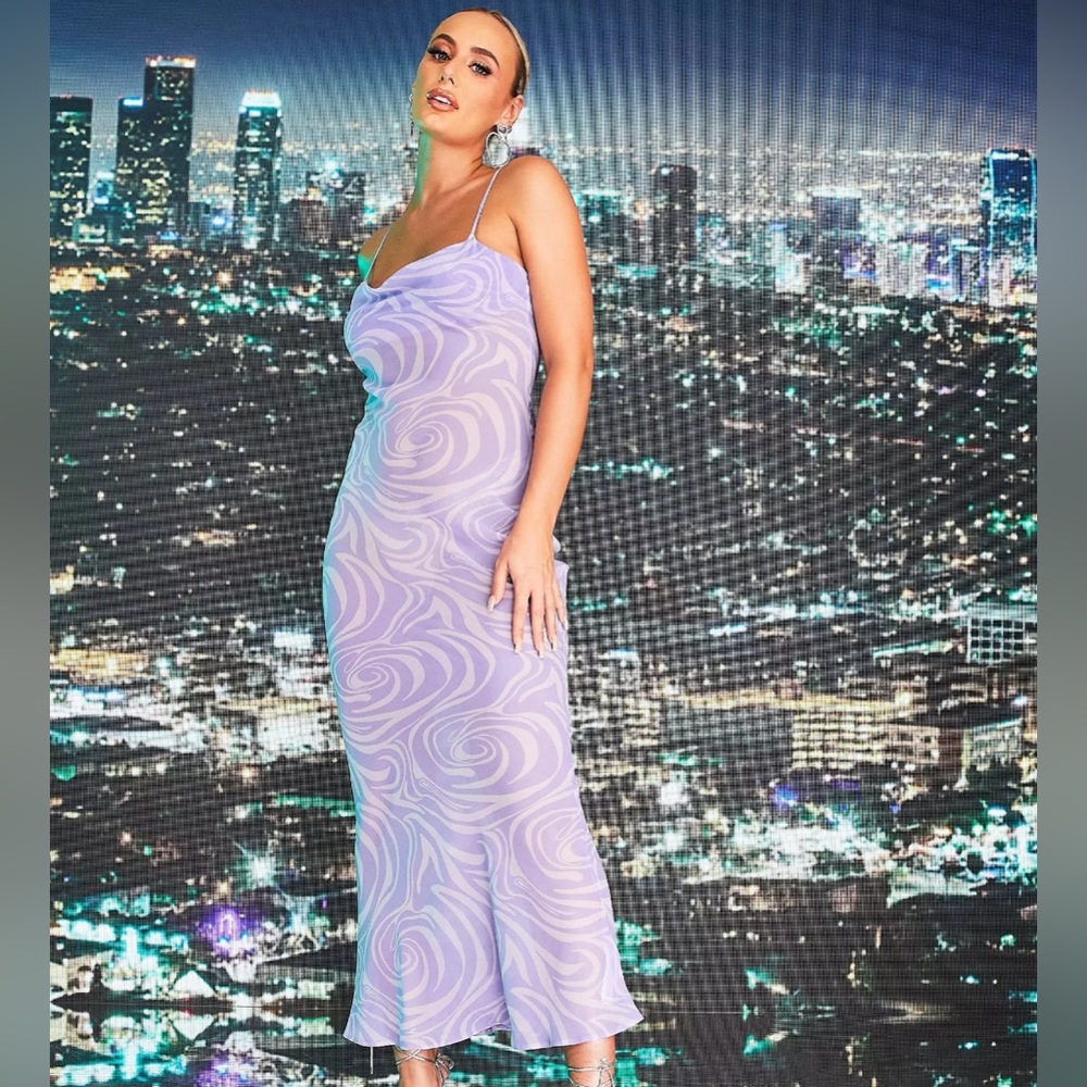 ASOS DESIGN x MILLIE sheer maxi slip dress in lilac swirl drape in front